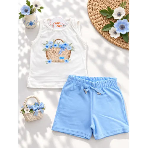 Conj. Regata Cesto de Flores e Short - Off White e Azul Bebê