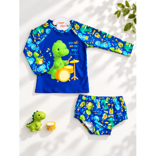Linha Praia - Conj. Blusa Dino Do, Ré, Mi e Sunga com ProtçãoUV50+ - Marinho
