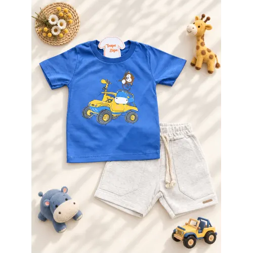 Conj Camiseta Azul Safari no Jipe e Short Areia