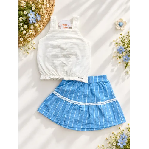 Conj. Regata Anabola e Short Saia Rendinha - Azul e Off White