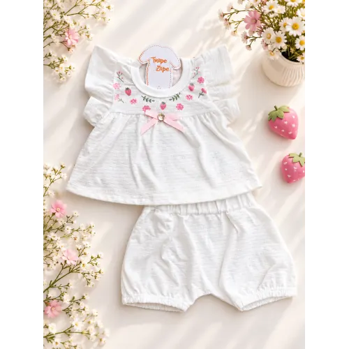  Conj. Batinha Moranguinhos com Flores e Short - Off White