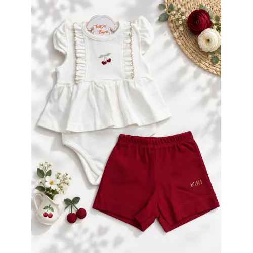 Conj. Body Bordado Cerejinha e Short Vermelho
