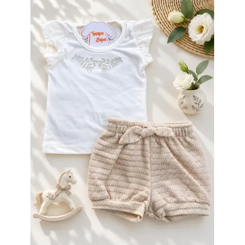  Conj. Blusa Plantas Bordadas e Short - Areia e Off White