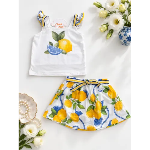 Conj. Regata e Short Saias Limões - Off White e Amarelo