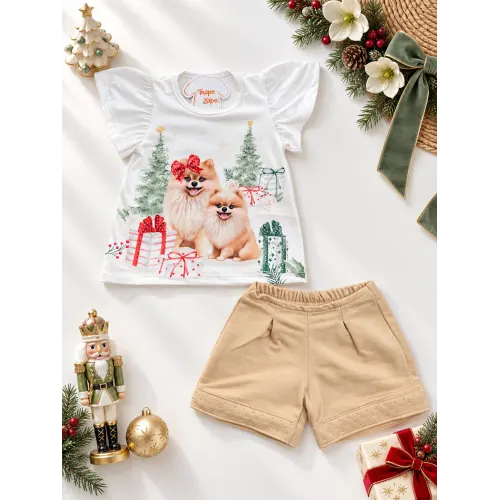  Conj. Blusa Cahorrinhas Natalinas e Short em Moletinho - Off White e Areia