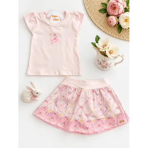 Conj. Blusa Lacinho e Short Saia Floral - Rosa