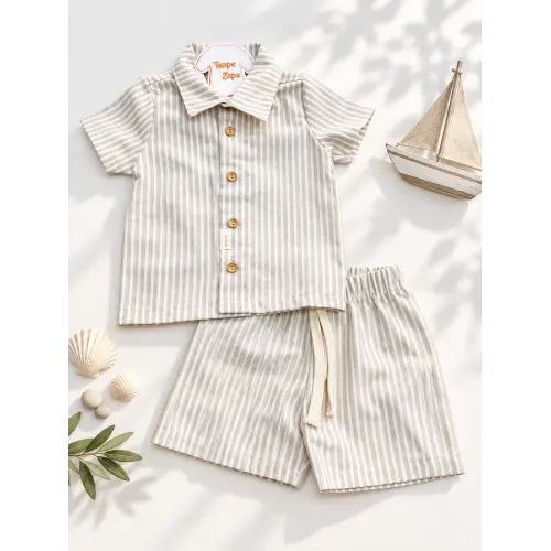 Conj Camisa de Botão e Short em Linho listrado Areia