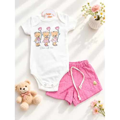 Conj. Body Bloom with Love e Short - Off White e Rosa