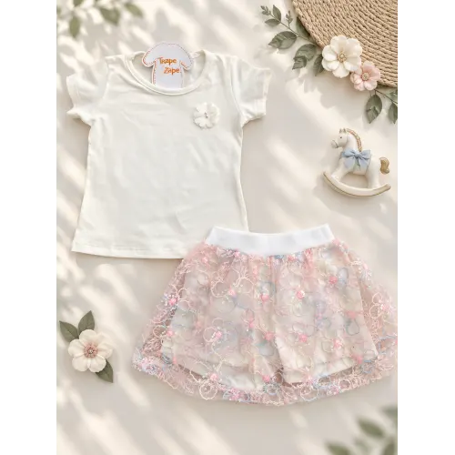 Conj. Blusa Florzinha e Short Saia em Tule Floral - Off White 