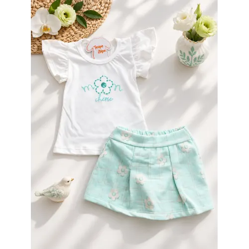 Conj. Blusa Mon Chérie e Short Saia Flores - Verde Água e Off White