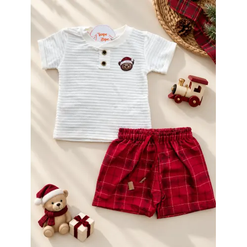 Conj. Camiseta Ursinho Noel e Bermuda Xadrez - Off White e Vermelho