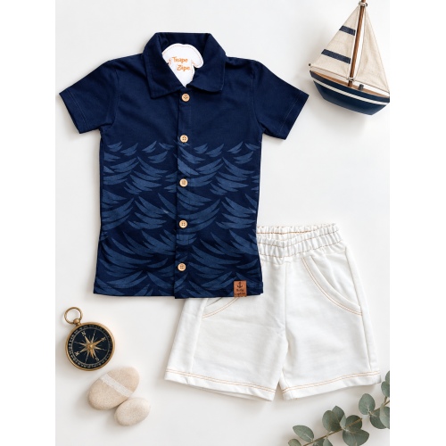 Conj. Camiseta Folhas e Bermuda - Marinho e Off White