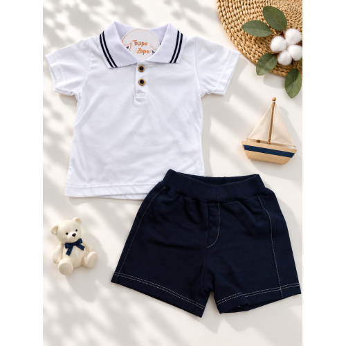 Conj. Camiseta Gola Polo Dois Botões e Bermuda - Branco e Marinho