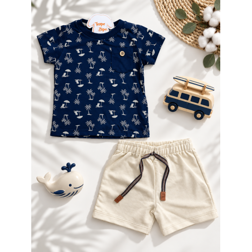 Conj. Camiseta Coqueiros com Bolsinho e Bermuda - Marinho e Areia