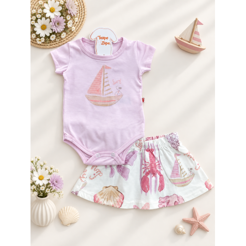 Conj. Body Barquinho e Short Saia Peixinhos - Lilás