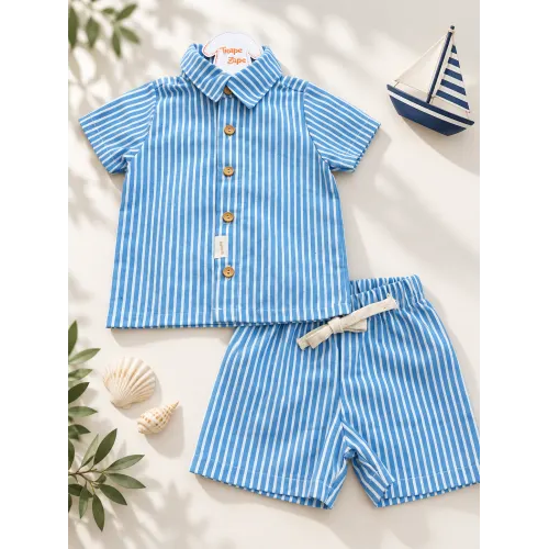Conj Camisa de Botão e Short em Linho listrado Azul