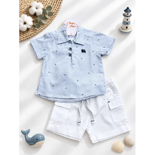 Conj Camisa Listrada Azul Claro Âncoras e Short