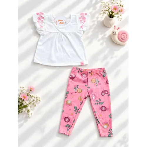 Conj. Bata com Flores nas Mangas e Calça Legging - Rosa