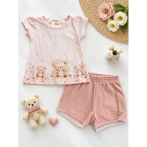  Conj. Blusa Ursinhas Fofas e Short - Rose
