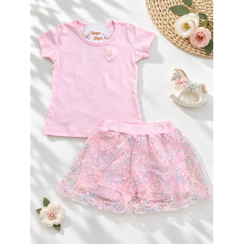 Conj. Blusa Florzinha e Short Saia em Tule Floral - Rosa