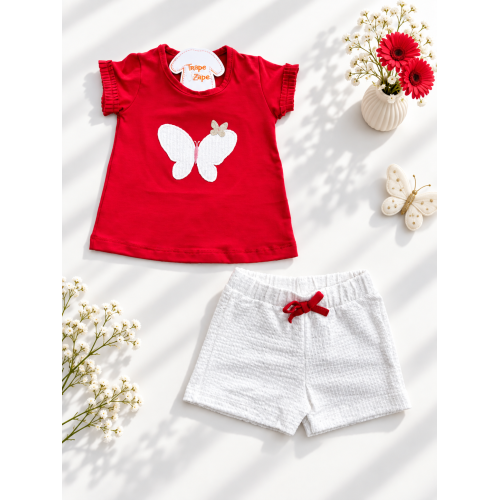  Conj. Blusa Borboleta e Short em Linho - Vermelho