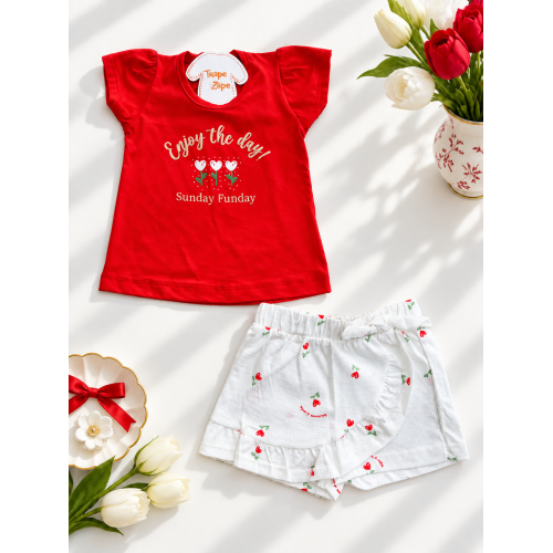 Conj. Blusa Enjoy the Day e Short Flores de Corações - Vermelho