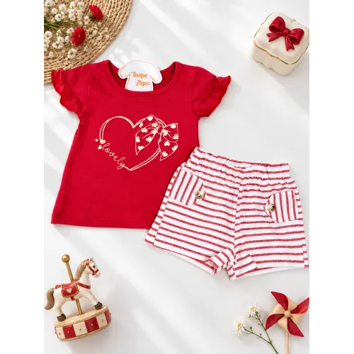 Conj. Blusa Lovely e Short Listrado com Botões Dourados - Vermelho e Off White