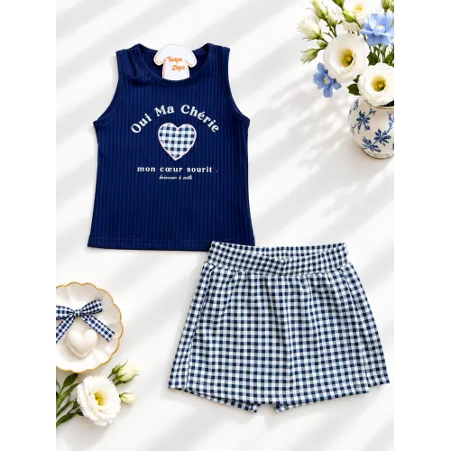  Conj. Regata Oui My Chérie e Short Saia Xadrez - Marinho