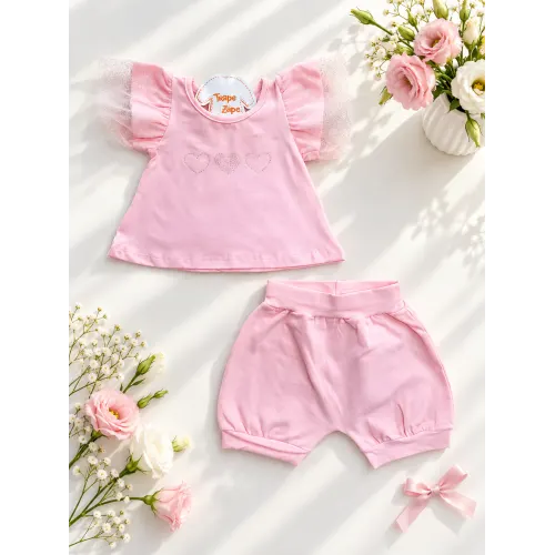 Conj. Blusa Corações com Manga em Tule e Short - Rose 