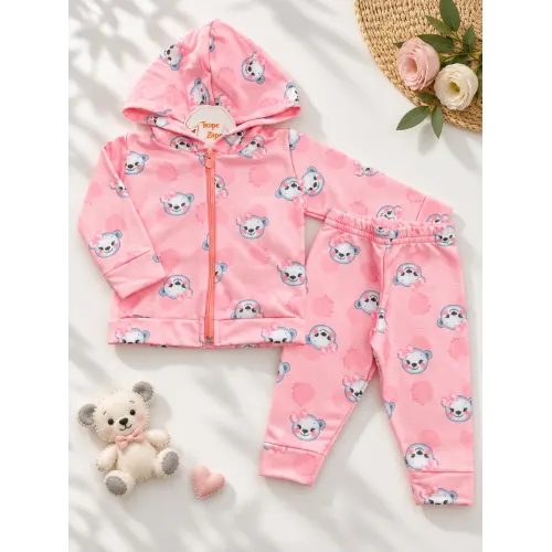 Conj. Jaqueta com Capuz e Calça Ursinhas com Lacinhos - Rosa