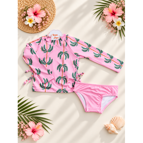 Linha Praia - Blusa Manga Longa Coqueiros com Proteção UV50+ e Calcinha - Rosa e Verde 