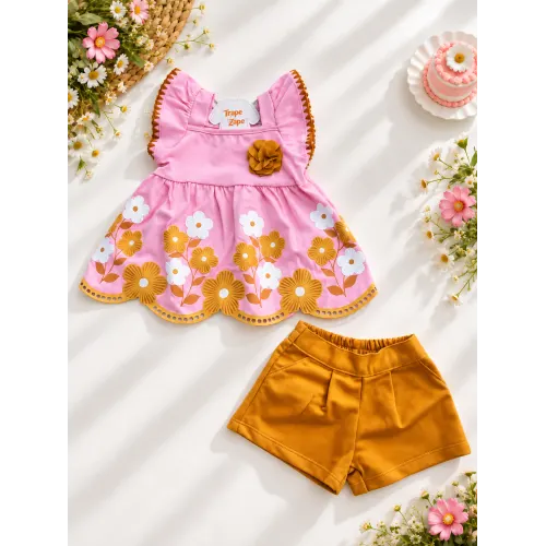 Conj. Batinha com Flores e Short - Rose e Caramelo