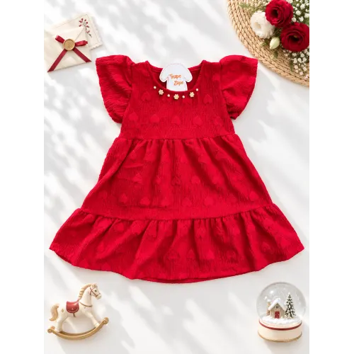 Vestido Anarruga com Pérolas e Corações - Vermelho 