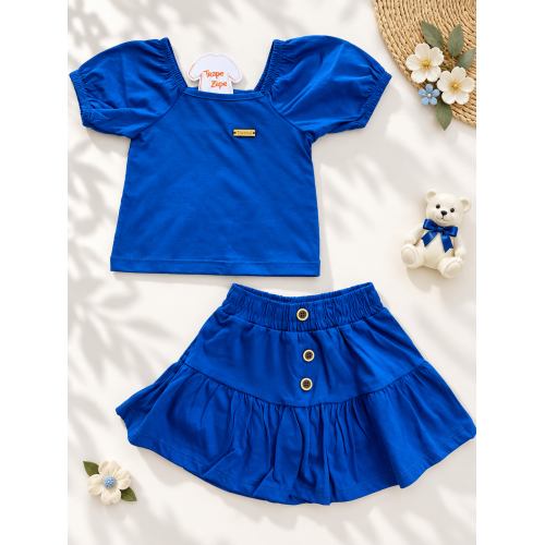 Conj. Blusa Ombro-a-Ombro e Saia com Botões - Azul Jeans