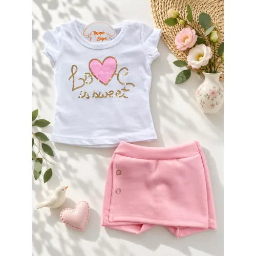 Conj. Blusa Love is Sweet e Short Saia - Rosa e Branco