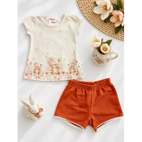  Conj. Blusa Ursinhas Fofas e Short - Areia e Ferrugem