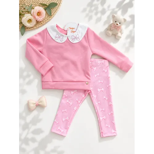 Conj. Casaco com Gola de Flores e Calça Legging - Rosa