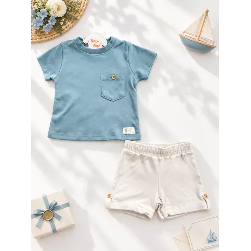  Conj. Camiseta com Bolsinho e Bermuda - Verde e Areia