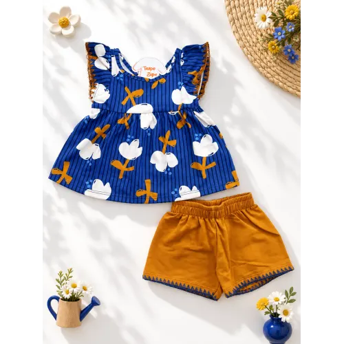 Conj. Batinha Flor de Algodão e Short - Azul e Ferrugem