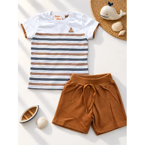 Conj. Camiseta Listras Barquinho e Bermuda - Branco e Ferrugem