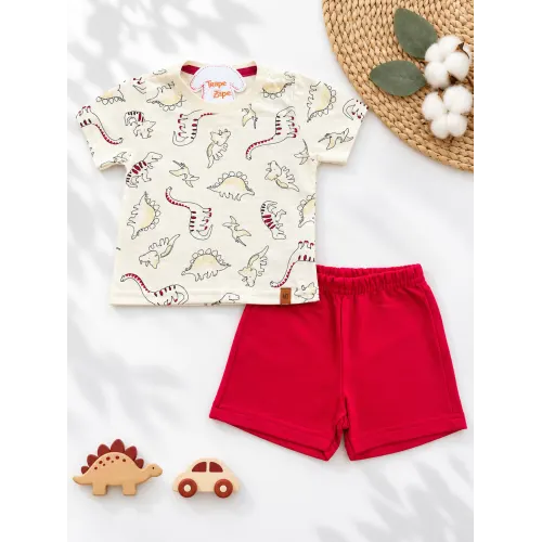 Conj. Camiseta Dinos e Bermuda - Creme e Vermelho