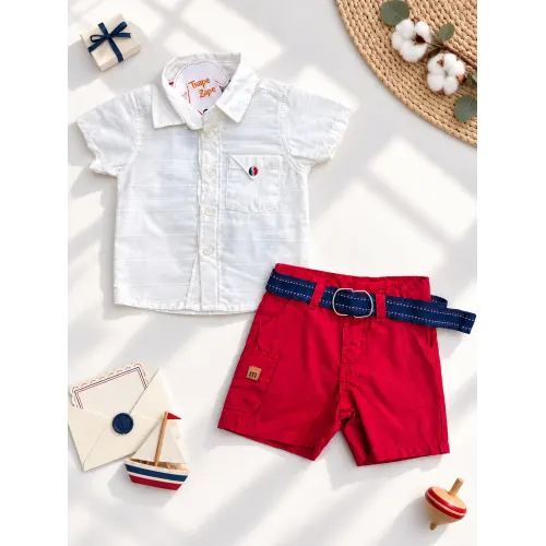 Conj.Camisa e Bermuda em Sarja com Cinto - Off White e Vermelho