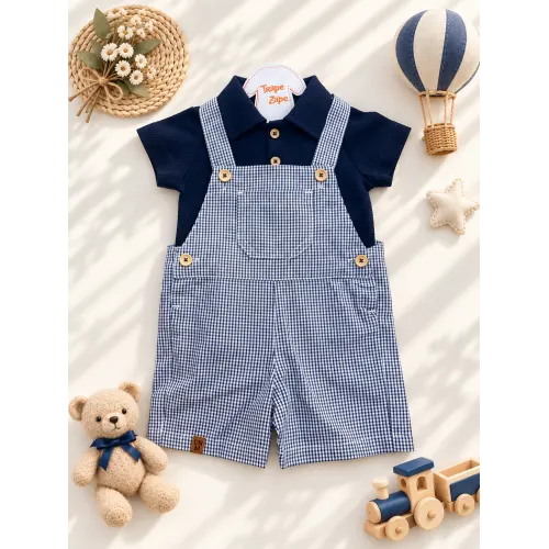 Jardineira e Camiseta Polo Xadrez Marinho