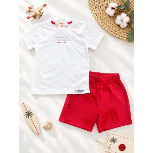  Conj. Camiseta Discovery A New World  e Bermuda - Off White e Vermelho