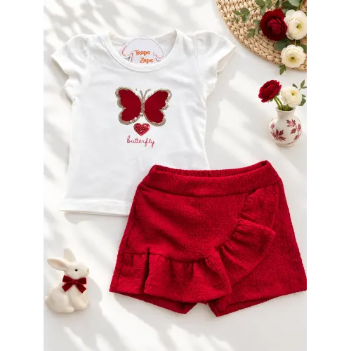 Conj. Blusa Borboleta e Short - Off White e Vermelho