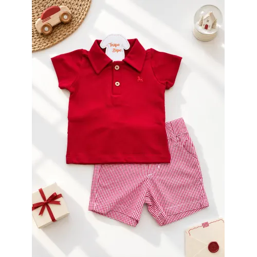 Conj Camisa Polo e Short Xadrez Vermelho