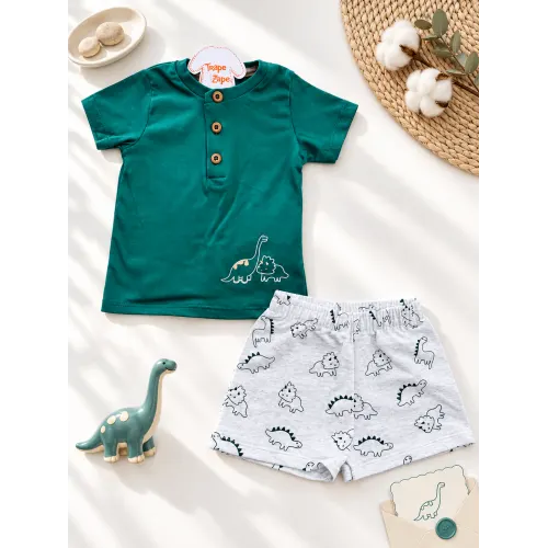 Conj. Camiseta Dinos e Bermuda - Verde Bandeira e Mescla