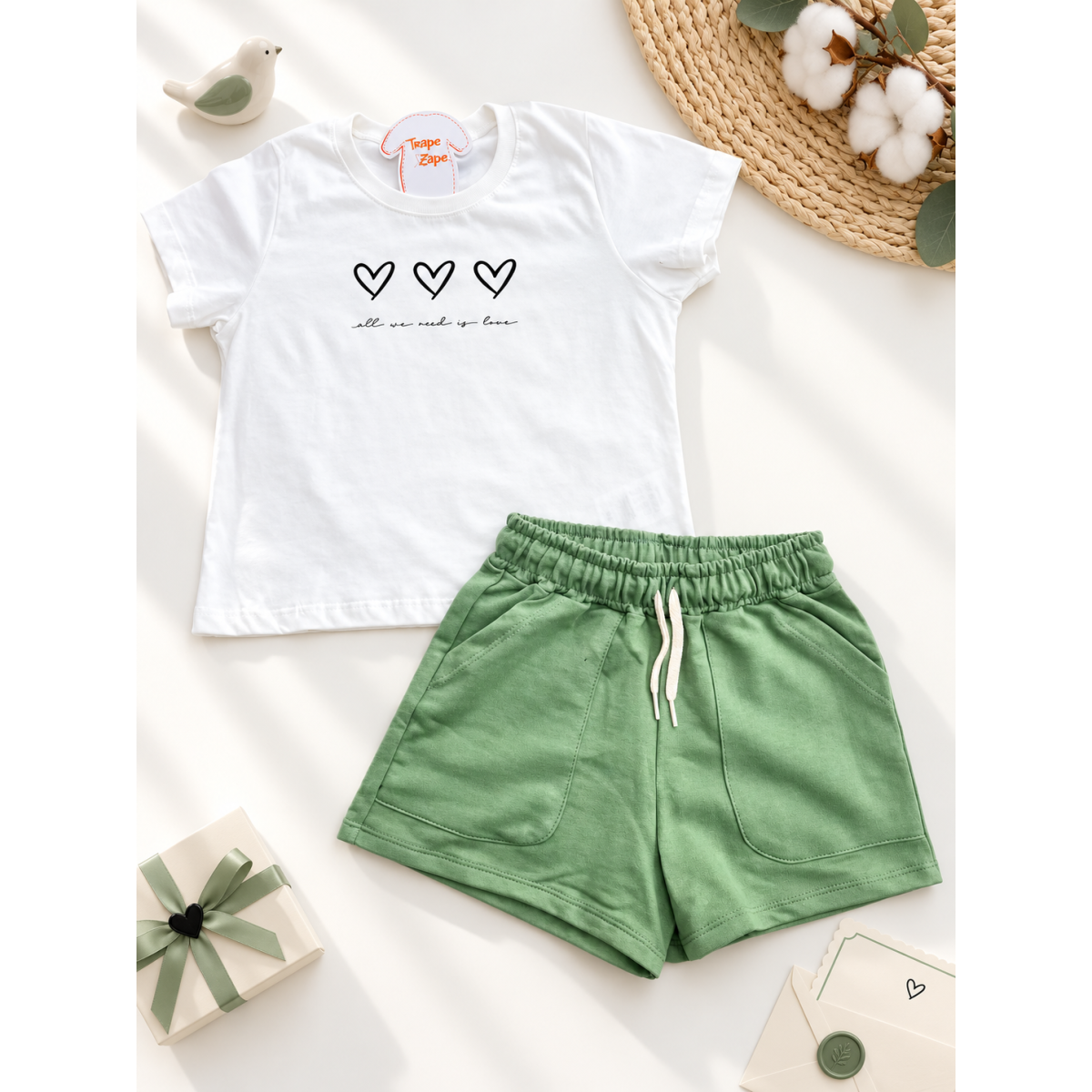  Conj. Blusa All We Need is Love e Short - Off White e Verde