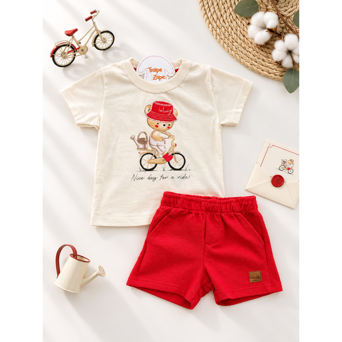 Conj. Camiseta Ursinho de Bicicleta e Bermuda - Vermelho e Areia