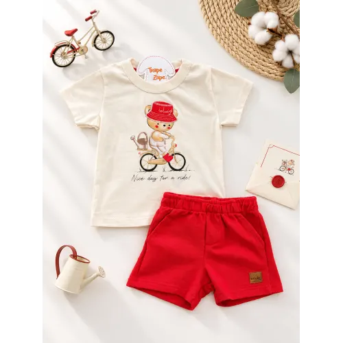 Conj. Camiseta Ursinho de Bicicleta e Bermuda - Vermelho e Areia
